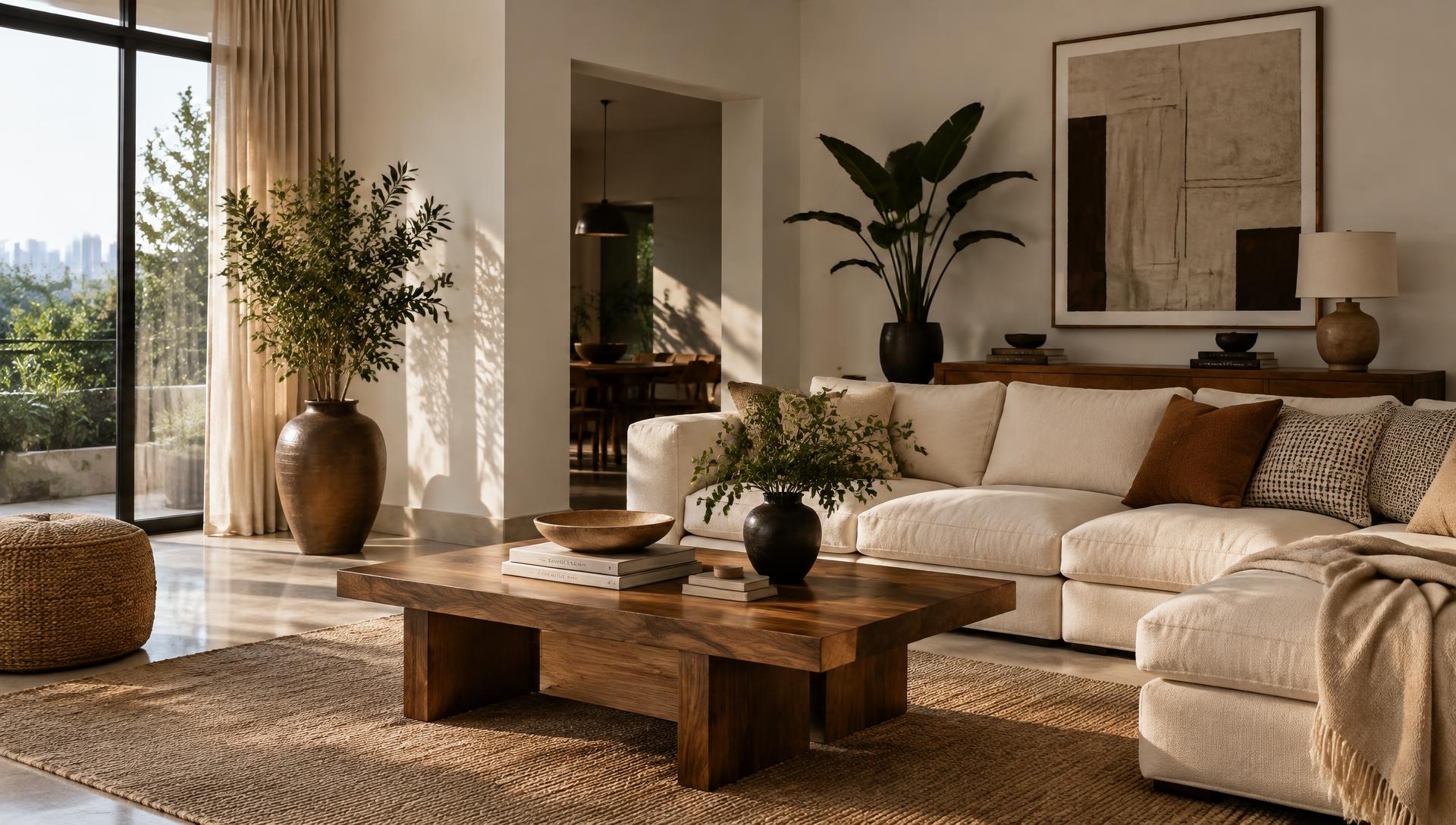 Living room with a handcrafted walnut coffee table